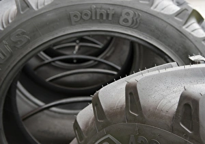 Rubber Prints: Close-up of new tractor tyres, England, june