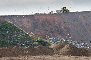 Compaction machines working on council rubbish tip, near Ellesmere, Cheshire, England, march