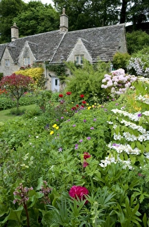 Cottage gardens, Bibury, Cotswolds, Gloucestershire, England, June