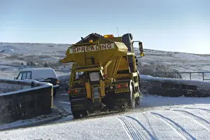 Lorries Prints: Council gritter lorry gritting snow covered rural road