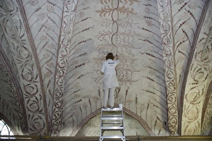 Religions Prints: Curator repairing painting on church ceiling