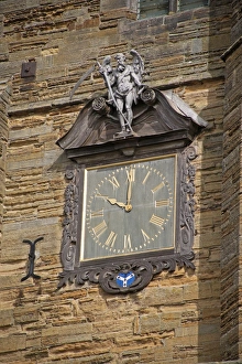 Tower Prints: Decorative clock with Old Father Time on church tower, Cranbrook, Kent, England, august