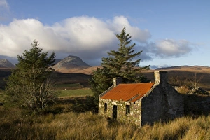Roof Prints: Derelict Scottish bothy at Knockrome on the Isle of Jura, looking towards the Paps
