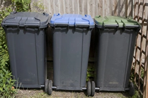 Waste Prints: Domestic rubbish bins dividing general, recycling and garden refuse, England, June