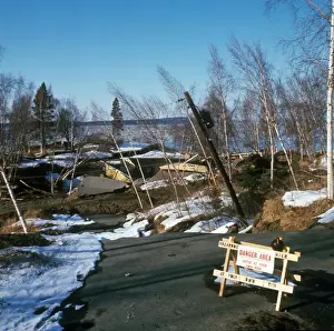 Alaskan Prints: Earthquake - Alaska damaged homes /road / trees / warning sign / snow / Anchorage