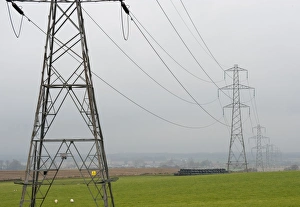 Wire Prints: Electricity transmission pylons crossing over farmland, Forfar, Angus, Scotland, november
