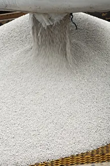 Bags Prints: Emptying bag of nitrogen granular fertilizer granules into fertilizer spreader