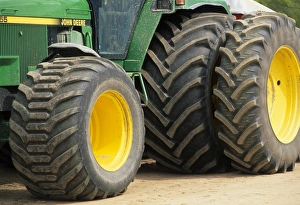Farm machinery, big wheels on John Deere tractor, Sweden
