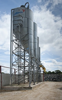 Farmyards Prints: Feed hoppers for storing feed for dairy cattle, Flintshire, North Wales, july