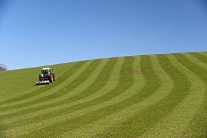 Fendt Favorit 716 tractor with rollers, rolling grassland pasture, England, april