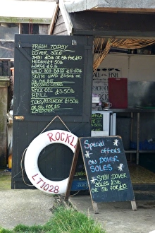 Local Prints: A fish kiosk on Aldeburgh beach Suffolk, sells freshly caught local fish and sea food