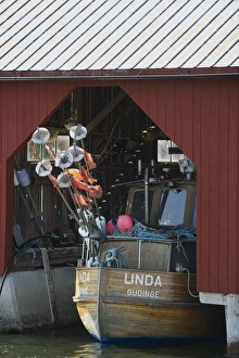 Industry Prints: Fishing boat in boathouse, Gudinge, Baltic Sea, Uppland, Sweden, may