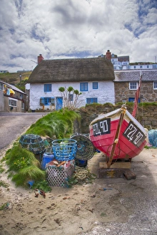Sennen Prints: Fishing boat and houses in coastal village, Sennen Cove, Sennen, Cornwall, England, May