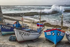 Sennen Prints: Fishing boats in coastal village