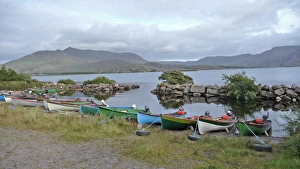 County Prints: Fishing boats moored on shore of freshwater lake
