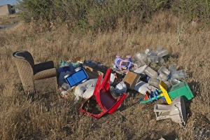 Flytipping of furniture and plastic rubbish in rural area, Northern Spain, july