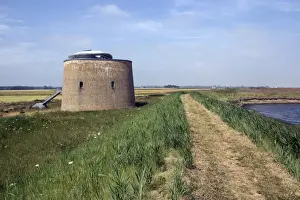 Footpath Prints: Foot path on sea wall looking towards Hollesley with Martellow Tower X -Suffolk