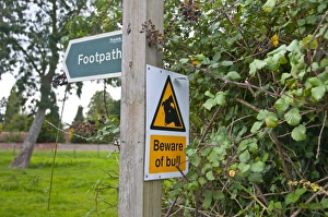 Dangerous Prints: Footpath and Beware of Bull signs at edge of pasture