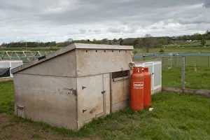 Gamebird Prints: Gamebird farming, pheasant rearing shed with propane gas cylinders