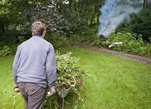 Burning Prints: Gardener burning garden rubbish on bonfire, Chipping, Lancashire, England, august