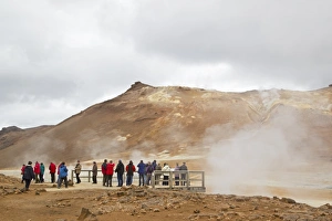 Visit Prints: Geothermal activity with tourists on viewing platform, Namafjall, Myvatn, Iceland, May
