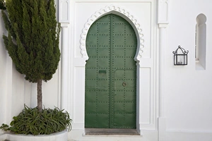 Door Prints: Green door and lantern in street of coastal city, Tangier, Morocco, april