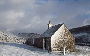 Huts Prints: Highland bothy in snow, Findouran Bothy