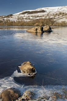 Ice forming around edge of lake, Semerwater, Wensleydale, Yorkshire Dales N. P. North Yorkshire, England, December