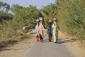 Subcontinent Prints: Indian girls carrying water containers on heads