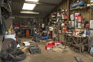 Indoor Prints: Interior of farm workshop, Lancashire, England, August