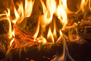 Burning Prints: Irish peat burning on multi-fuel stove, Chipping, Lancashire, England, January