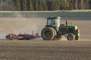 Prepare Prints: John Deere 4240 tractor with harrows, harrowing field seedbed, Sweden, may