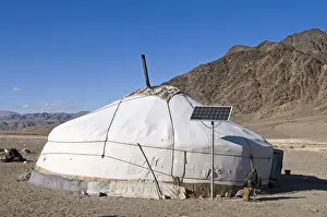 Golden Prints: Kazakh nomad ger tent with solar panel and hooded Golden Eagle (Aquila chrysaetos) outside