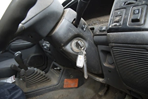 Cars Prints: Keys left in ignition of pick-up truck in farmyard, Lancashire, England, August