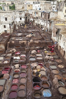 Moroccan Prints: Leather tannery in city, Tanner's Quarter, Fes el Bali, Fes, Morocco, april