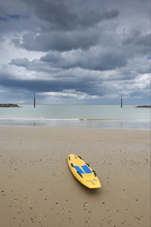 Boards Prints: Lifeguard board on sandy beach with cloudy sky, Sea Palling, Norfolk, England july