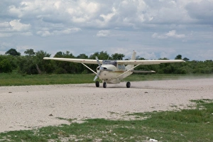 Planes Prints: Light aeroplane taking off from runway, Okavango Delta, Botswana