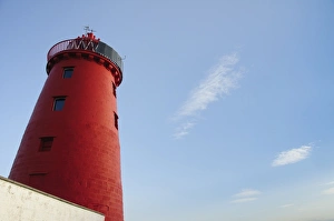 Lighthouse on sea wall protecting harbour entrance, Poolbeg Lighthouse, Great South Wall, Dublin Port, Dublin Bay