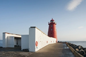 Lighthouse on sea wall protecting harbour entrance, Poolbeg Lighthouse, Great South Wall, Dublin Port, Dublin Bay