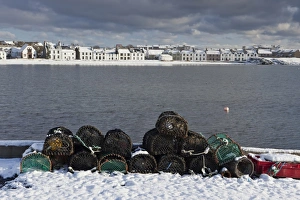 Strathclyde Prints: Lobster creels and snow covered seaside town