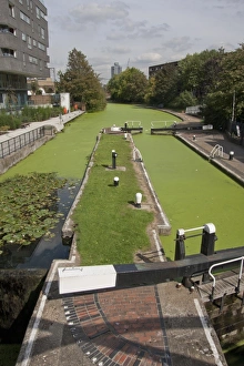 Lockgates with canal covered in green algae, Salmon Lane Lock, Regents Canal, Tower Hamlets, London, England, september