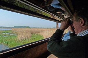 Binoculars Prints: Looking out from Island mere hide at RSPB Minsmere Suffolk