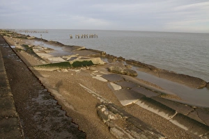 Defence Prints: Looking north from Lowestoft Ness over the old sea defence