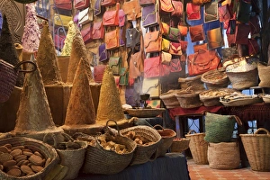 Moroccan Prints: Market stand in city medina at night, Chefchaouen, Morocco, april