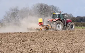 Cultivate Prints: Massey Ferguson tractor cultivating and drilling grass seed during dry dusty conditions