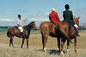 Woman Prints: Master of Hunt and wife with local landowner, waiting on horseback during harrier hunt