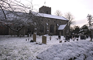 Graves Prints: Medieval church and graveyard in snow