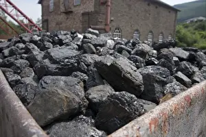Museums Prints: Mined coal at colliery museum, Rhondda Heritage Park Museum, Trenafod, South Wales, june