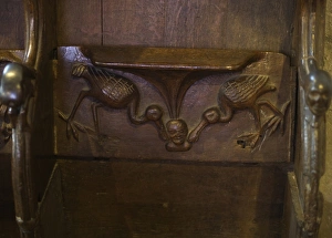 Misericord depicting spoonbills, Church of St. Peter and St. Paul, Lavenham, Suffolk, England