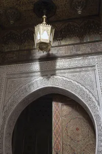 Moroccan Prints: Mosque door and lantern in city, Fes el Bali, Fes, Morocco, april